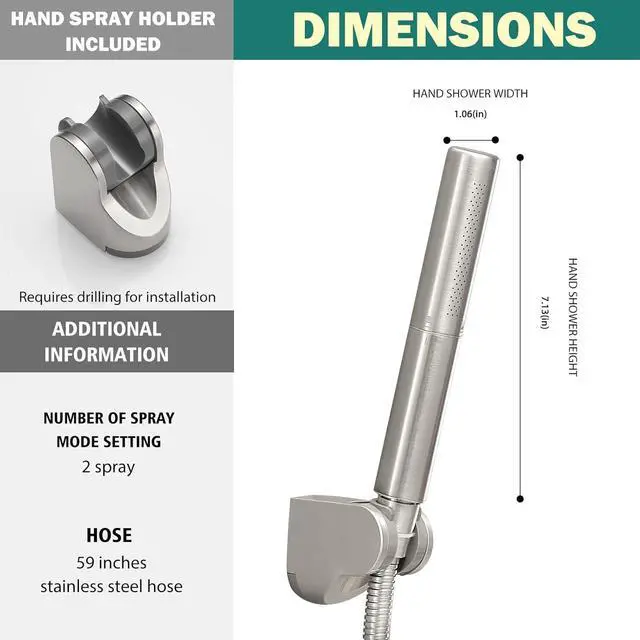 Alt view image 6 of 7 - Homipro Brushed Nickel Brass 2 In 1 Function High Flow Handheld Shower Head Set High Pressure 7 Inch Brushed Finish Shower Head Sprayer Hand Shower Wand with 59 Inch Hose, Bracket