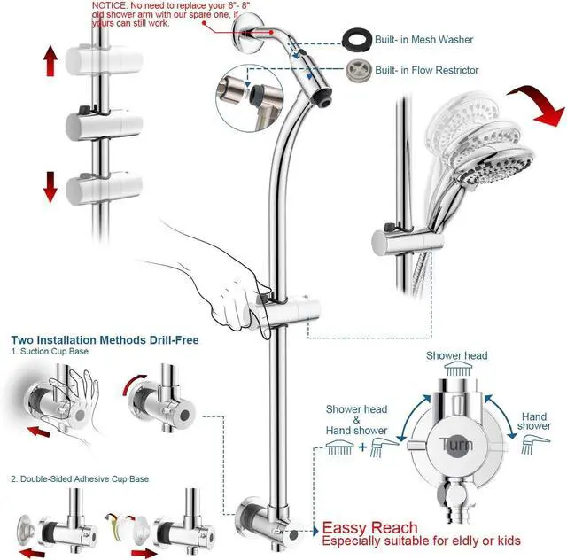 Alt view image 2 of 6 - Handheld Showerhead & Rain Shower Combo for Easy Reach, 27.5" Drill-free Stainless Steel Slide Bar, 5of 5-setting Handheld Shower and Showerhead, with 5ft Hose - Polished Chrome