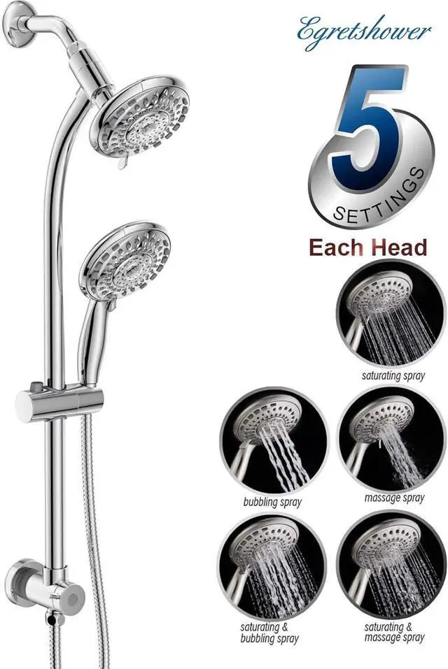 Alt view image 4 of 6 - Handheld Showerhead & Rain Shower Combo for Easy Reach, 27.5" Drill-free Stainless Steel Slide Bar, 5of 5-setting Handheld Shower and Showerhead, with 5ft Hose - Polished Chrome