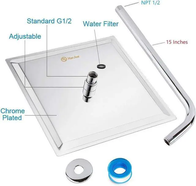Alt view image 5 of 6 - HarJue 12 Inch Rain Shower Head With 15 Inch Extension Arm, Stainless Steel Large Rainfall, Luxury Square-Waterfall Full Body Coverage-Easy to Install (Chrome)