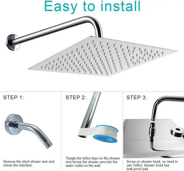 Alt view image 6 of 6 - HarJue 12 Inch Rain Shower Head With 15 Inch Extension Arm, Stainless Steel Large Rainfall, Luxury Square-Waterfall Full Body Coverage-Easy to Install (Chrome)