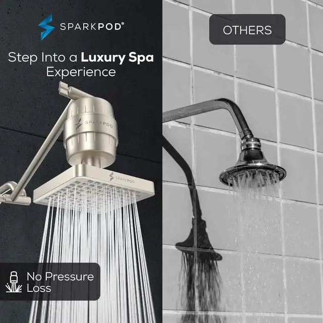 Alt view image 4 of 7 - SparkPod 6" High Pressure Rain Shower Head with 23 Stage Filter Capsule & 11 Inch Adjustable Shower Arm Extension -Shower Filter Reduces Chlorine for Smoother Hair & Skin (Square, Brushed Nickel)