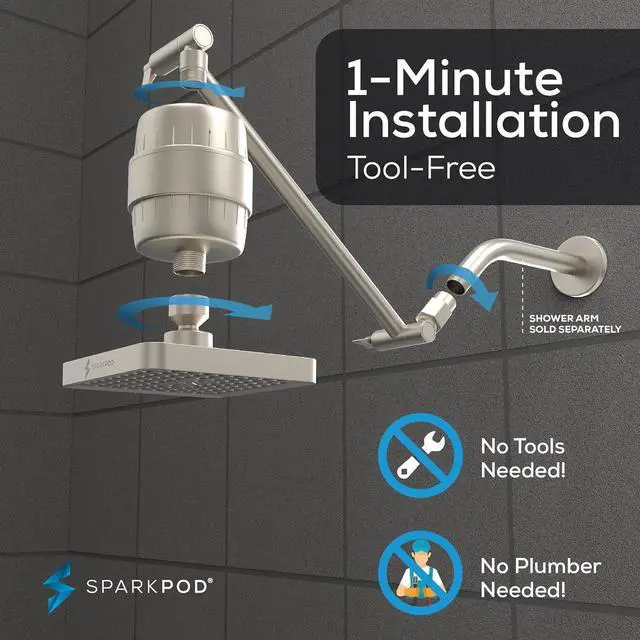 Alt view image 5 of 7 - SparkPod 6" High Pressure Rain Shower Head with 23 Stage Filter Capsule & 11 Inch Adjustable Shower Arm Extension -Shower Filter Reduces Chlorine for Smoother Hair & Skin (Square, Brushed Nickel)