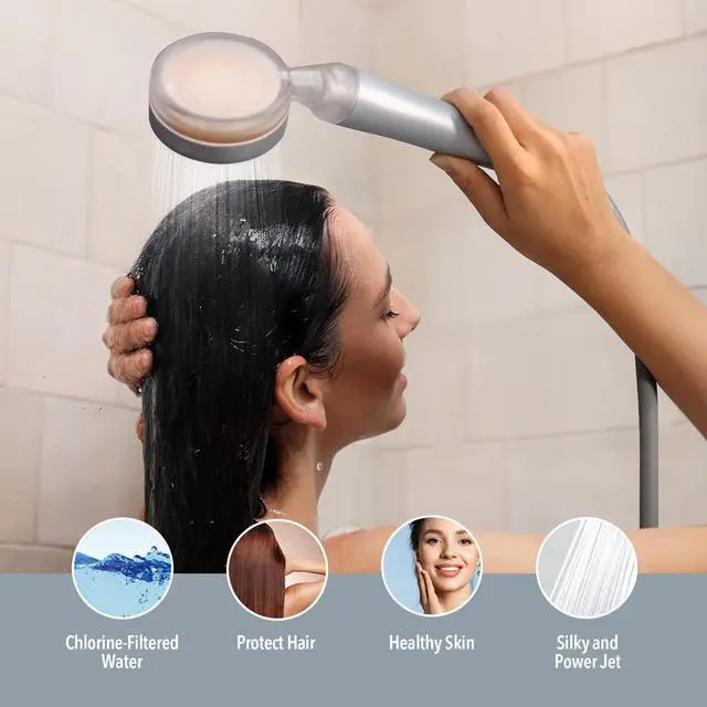 Alt view image 4 of 7 - Pluo Handheld Filtered Shower Head - Silver | Vitamin C Filter for Healthy Skin & Hair | High Pressure Soft Spray | Dual Filtration Removes Chlorine & Impurities | Gentle Shower for Pets