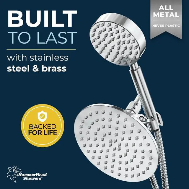 Alt view image 2 of 7 - HammerHead Showers® ALL METAL Dual Shower Head Combo  CHROME  8 Inch Rainfall High Flow Shower Head & Handheld Shower Head High Pressure with Hose 6ft - Hotel-Like Double Shower Heads
