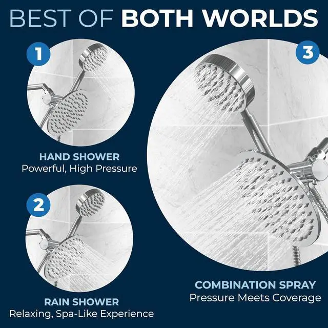 Alt view image 4 of 7 - HammerHead Showers® ALL METAL Dual Shower Head Combo  CHROME  8 Inch Rainfall High Flow Shower Head & Handheld Shower Head High Pressure with Hose 6ft - Hotel-Like Double Shower Heads