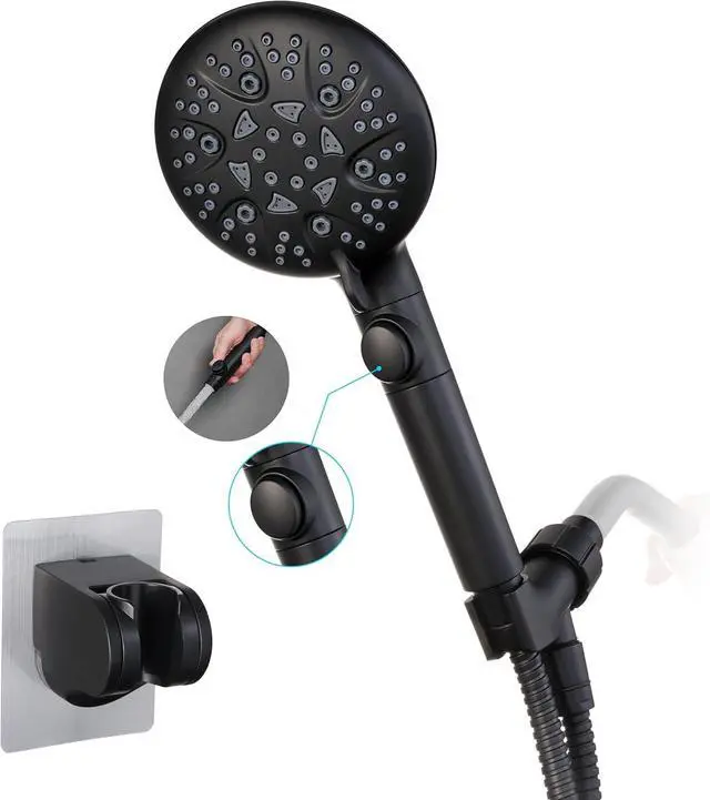 Main image of High Pressure 8-mode Handheld Shower Head with On Off Switch and Long Hose & Bracket PLUS Extra Adhesive Holder for Lower Mount,Built-in Power Wash to Clean Tub,Tile & Pets,Black