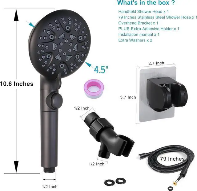 Alt view image 2 of 7 - High Pressure 8-mode Handheld Shower Head with On Off Switch and Long Hose & Bracket PLUS Extra Adhesive Holder for Lower Mount,Built-in Power Wash to Clean Tub,Tile & Pets,Black