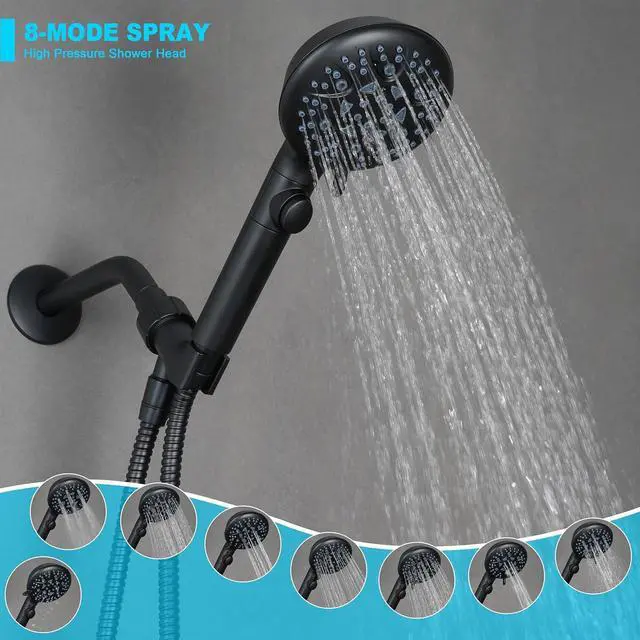 Alt view image 3 of 7 - High Pressure 8-mode Handheld Shower Head with On Off Switch and Long Hose & Bracket PLUS Extra Adhesive Holder for Lower Mount,Built-in Power Wash to Clean Tub,Tile & Pets,Black