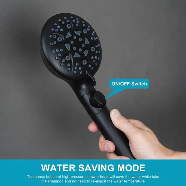 Alt view image 4 of 7 - High Pressure 8-mode Handheld Shower Head with On Off Switch and Long Hose & Bracket PLUS Extra Adhesive Holder for Lower Mount,Built-in Power Wash to Clean Tub,Tile & Pets,Black