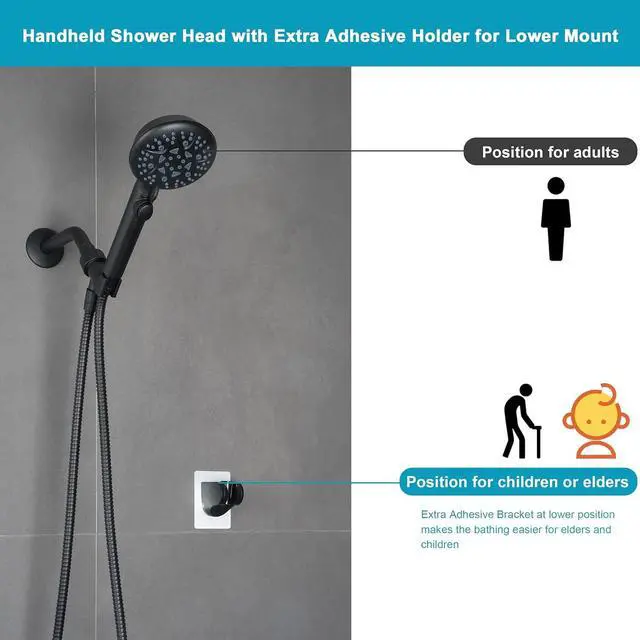 Alt view image 5 of 7 - High Pressure 8-mode Handheld Shower Head with On Off Switch and Long Hose & Bracket PLUS Extra Adhesive Holder for Lower Mount,Built-in Power Wash to Clean Tub,Tile & Pets,Black