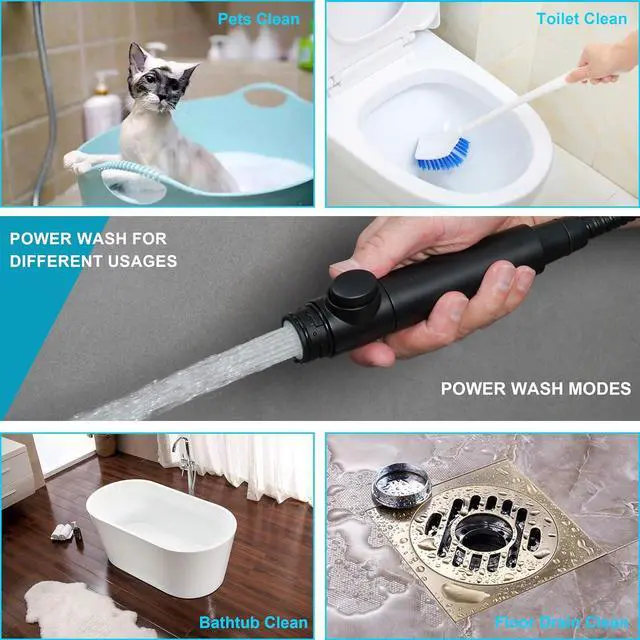 Alt view image 6 of 7 - High Pressure 8-mode Handheld Shower Head with On Off Switch and Long Hose & Bracket PLUS Extra Adhesive Holder for Lower Mount,Built-in Power Wash to Clean Tub,Tile & Pets,Black