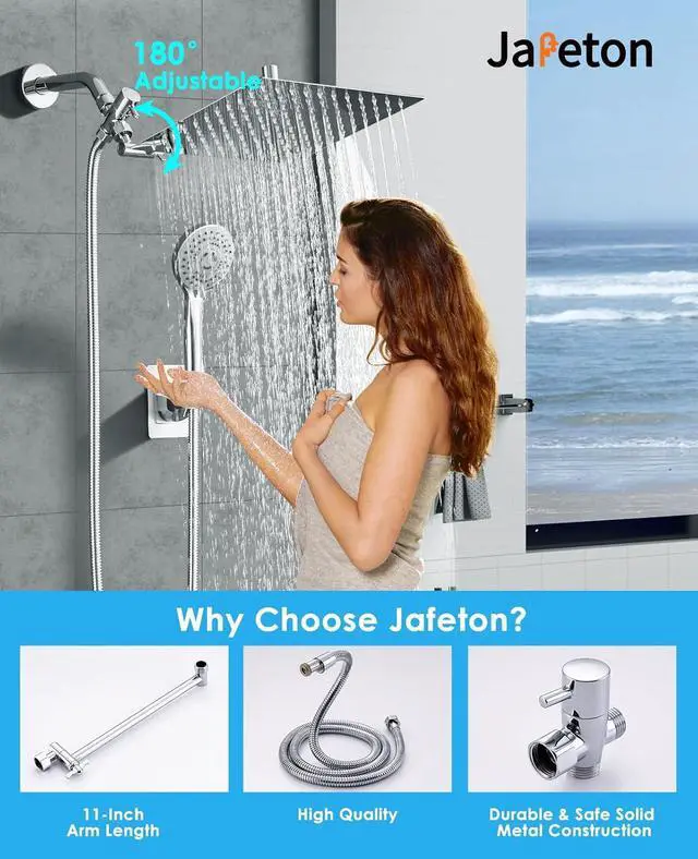 Alt view image 2 of 6 - 10" Rainfall Shower Head with Handheld Spray Combo High Pressure  5 Spray Modes, Rain Showerheads Overhead Shower, Anti-Clog Nozzles, Air-In, Flexible Extension Arm, Chrome Plating & Brass