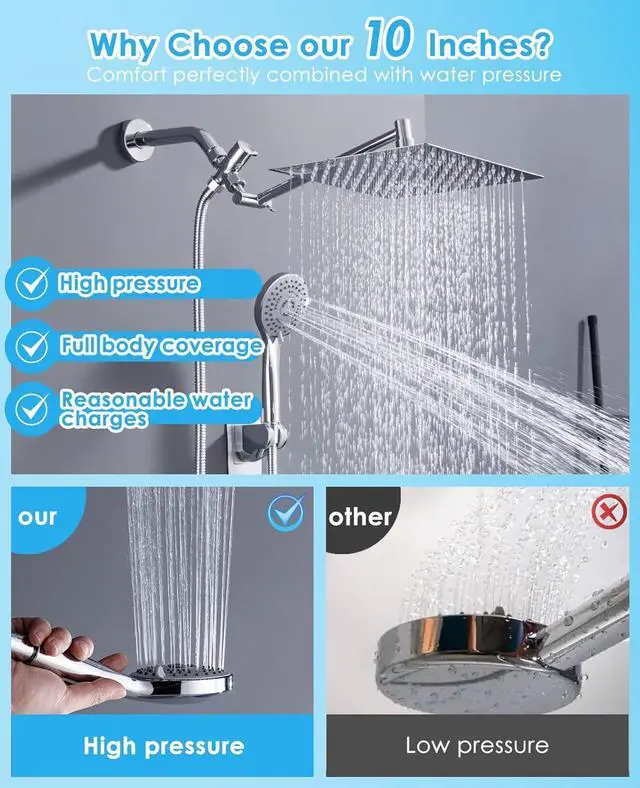 Alt view image 3 of 6 - 10" Rainfall Shower Head with Handheld Spray Combo High Pressure  5 Spray Modes, Rain Showerheads Overhead Shower, Anti-Clog Nozzles, Air-In, Flexible Extension Arm, Chrome Plating & Brass