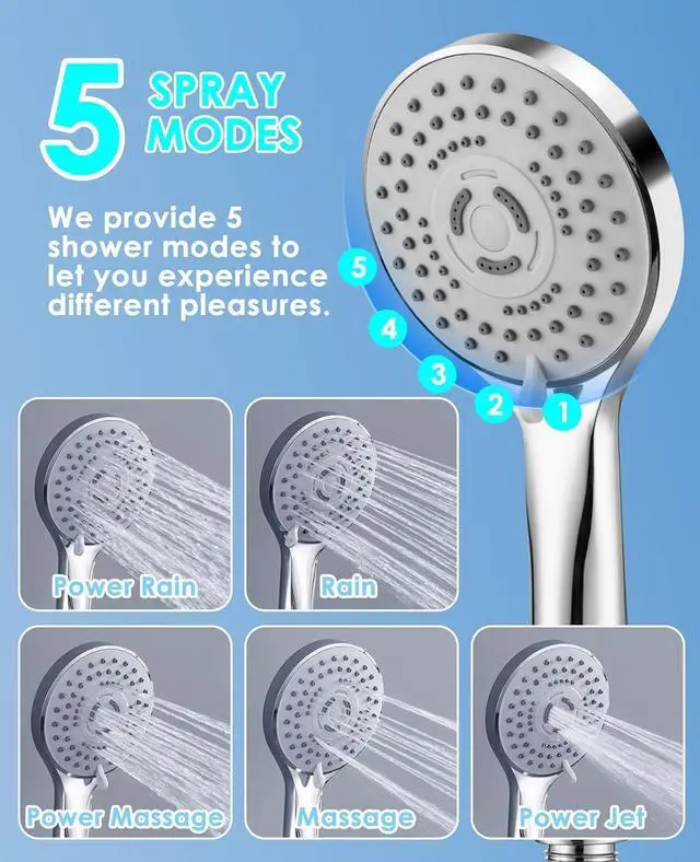 Alt view image 5 of 6 - 10" Rainfall Shower Head with Handheld Spray Combo High Pressure  5 Spray Modes, Rain Showerheads Overhead Shower, Anti-Clog Nozzles, Air-In, Flexible Extension Arm, Chrome Plating & Brass
