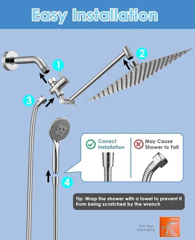Alt view image 6 of 6 - 10" Rainfall Shower Head with Handheld Spray Combo High Pressure  5 Spray Modes, Rain Showerheads Overhead Shower, Anti-Clog Nozzles, Air-In, Flexible Extension Arm, Chrome Plating & Brass