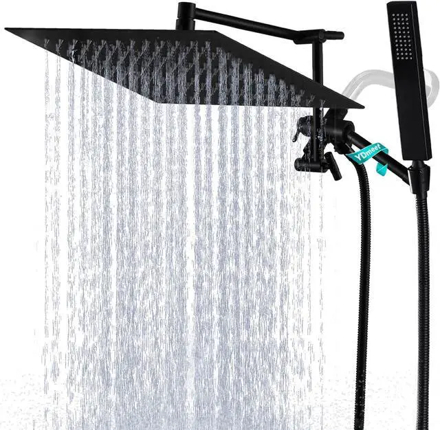 Main image of All Metal Rain Shower Head with Handheld Combo, YDmeet 12 Inch Rainfall Shower Head, Stainless Steel Hand Wand, 3 Mode Diverter, 14" Adjustable Extension Arm w/Lock Joints, Extra Long Hose, Black