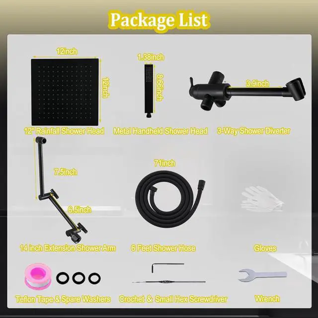 Alt view image 2 of 7 - All Metal Rain Shower Head with Handheld Combo, YDmeet 12 Inch Rainfall Shower Head, Stainless Steel Hand Wand, 3 Mode Diverter, 14" Adjustable Extension Arm w/Lock Joints, Extra Long Hose, Black