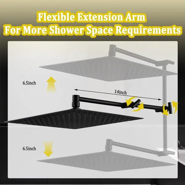 Alt view image 5 of 7 - All Metal Rain Shower Head with Handheld Combo, YDmeet 12 Inch Rainfall Shower Head, Stainless Steel Hand Wand, 3 Mode Diverter, 14" Adjustable Extension Arm w/Lock Joints, Extra Long Hose, Black