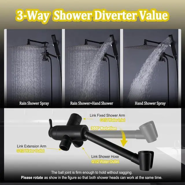 Alt view image 4 of 7 - All Metal Rain Shower Head with Handheld Combo, YDmeet 12 Inch Rainfall Shower Head, Stainless Steel Hand Wand, 3 Mode Diverter, 14" Adjustable Extension Arm w/Lock Joints, Extra Long Hose, Black