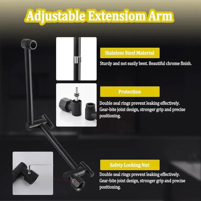 Alt view image 6 of 7 - All Metal Rain Shower Head with Handheld Combo, YDmeet 12 Inch Rainfall Shower Head, Stainless Steel Hand Wand, 3 Mode Diverter, 14" Adjustable Extension Arm w/Lock Joints, Extra Long Hose, Black