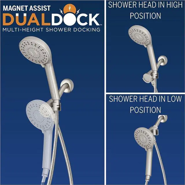 Alt view image 2 of 7 - Waterpik Magnetic Dual Dock Adjustable Height Hand Held Shower Head With 5-Foot Metal Hose and PowerPulse Shower Massage, Brushed Nickel QMP-869ME