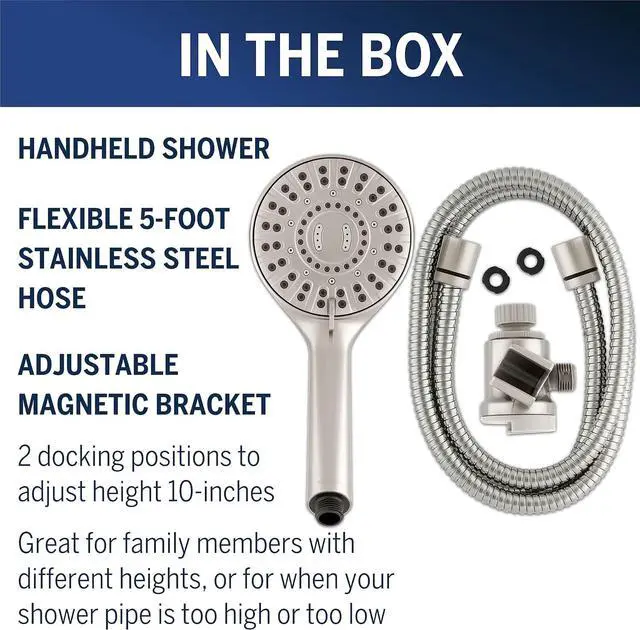 Alt view image 4 of 7 - Waterpik Magnetic Dual Dock Adjustable Height Hand Held Shower Head With 5-Foot Metal Hose and PowerPulse Shower Massage, Brushed Nickel QMP-869ME