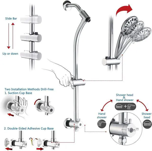 Alt view image 3 of 7 - High Pressure 48-Settings Shower Head with Handheld Shower,Drill-Free 3-Way Diverter for Easy Reach,Adjustable Height Slide Bar Dual Shower Head Combo Set - Chrome