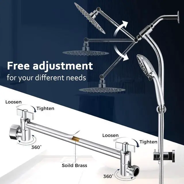 Alt view image 2 of 7 - Rainfall 8 Inch Round Shower Head with High Pressure Handheld Spray Combo, Drill-Free Slide Bar with Adjustable Shower Extension Arm, 3-Way Low Diverter for Easy Reach, 5Ft Hose- Chrome