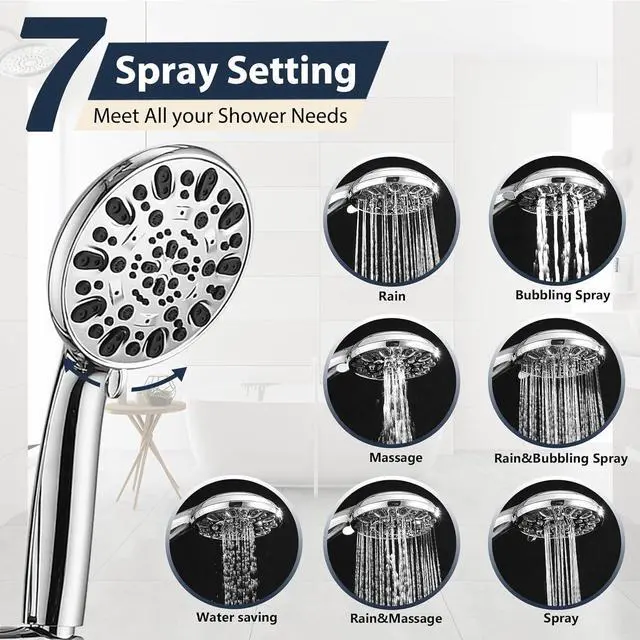 Alt view image 4 of 7 - Rainfall 8 Inch Round Shower Head with High Pressure Handheld Spray Combo, Drill-Free Slide Bar with Adjustable Shower Extension Arm, 3-Way Low Diverter for Easy Reach, 5Ft Hose- Chrome