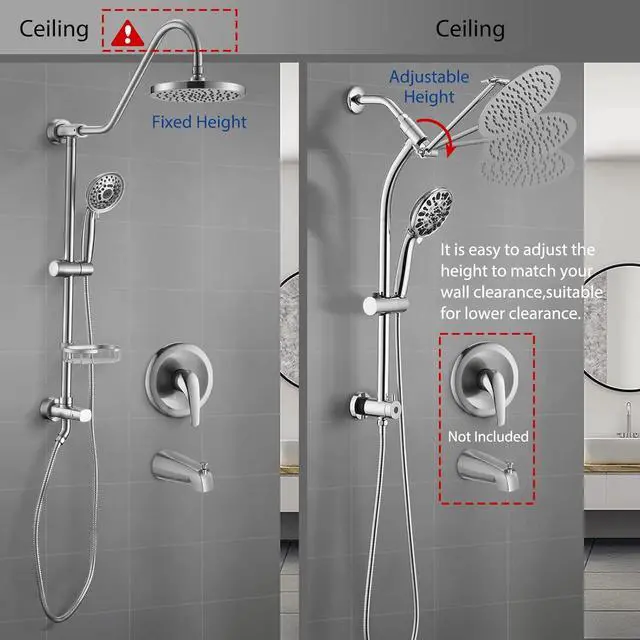 Alt view image 5 of 7 - Rainfall 8 Inch Round Shower Head with High Pressure Handheld Spray Combo, Drill-Free Slide Bar with Adjustable Shower Extension Arm, 3-Way Low Diverter for Easy Reach, 5Ft Hose- Chrome