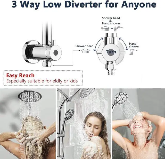 Alt view image 6 of 7 - Rainfall 8 Inch Round Shower Head with High Pressure Handheld Spray Combo, Drill-Free Slide Bar with Adjustable Shower Extension Arm, 3-Way Low Diverter for Easy Reach, 5Ft Hose- Chrome