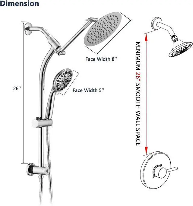 Alt view image 7 of 7 - Rainfall 8 Inch Round Shower Head with High Pressure Handheld Spray Combo, Drill-Free Slide Bar with Adjustable Shower Extension Arm, 3-Way Low Diverter for Easy Reach, 5Ft Hose- Chrome