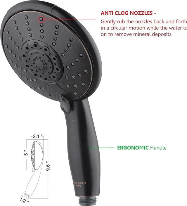 Alt view image 3 of 7 - Anti-Clog High Pressure Large Oil Rubbed Bronze Dual Shower Head 5-inch 5-Settings Shower Head with Handheld Spray Combo + 5 Foot Stainless Steel Shower Hose w/ BRASS connectors