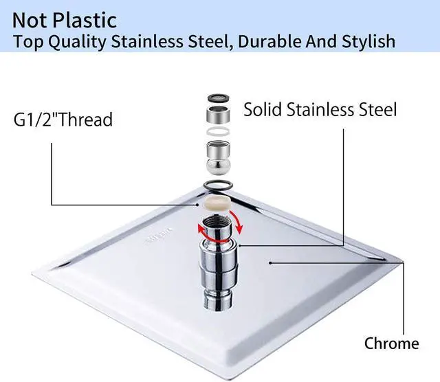 Alt view image 7 of 7 - GGStudy Square 8 Inch Square Stainless Steel Shower Head - Rain Style Shower Head Chrome