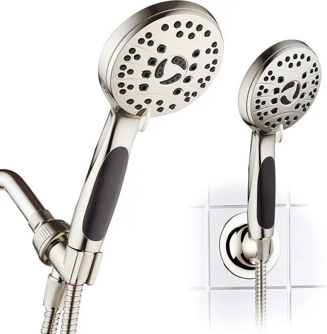 Main image of High Pressure 6-setting Luxury Handheld Shower Head  6 Foot Stainless Steel Hose  Anti Clog Jets  Anti Slip Grip  All Brushed Nickel Finish  Top US Brand  Includes Extra Wall Bracket