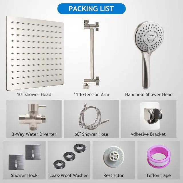 Alt view image 7 of 7 - Shower Head Combo(Brushed Nickel),10'' High Pressure Rain Shower Head with 11'' Adjustable Extension Arm and 5 Settings Handheld,Powerful Shower Spray Against Low Pressure Water
