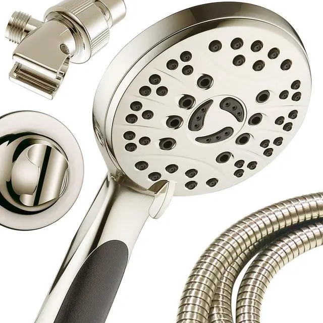 Alt view image 7 of 7 - High Pressure 6-setting Luxury Handheld Shower Head  6 Foot Stainless Steel Hose  Anti Clog Jets  Anti Slip Grip  All Brushed Nickel Finish  Top US Brand  Includes Extra Wall Bracket