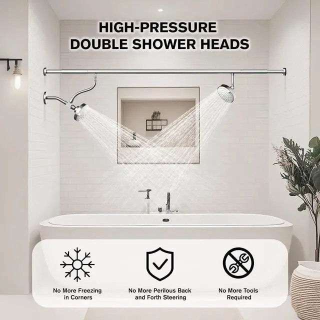 Alt view image 4 of 7 - Dual Shower Head for Couples, High Pressure Double Shower Heads for Two People Rod, Two Showerhead System with 3 Spray Settings Fit 2 Person Bathroom, Birthday Gifts for Women Men (Chrome)