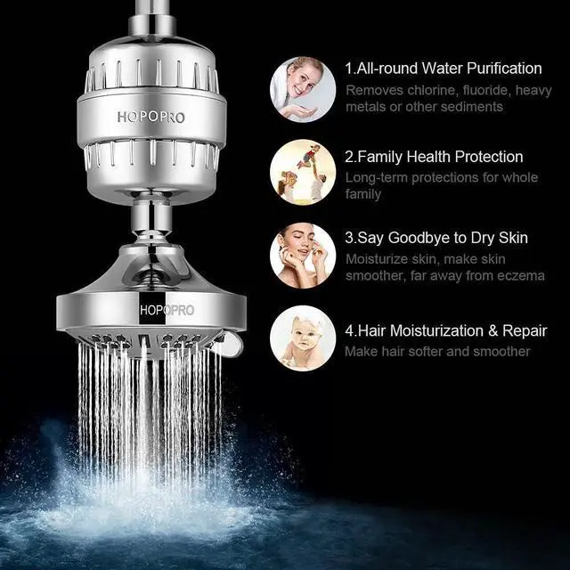 Alt view image 3 of 7 - HOPOPRO 9 Modes Shower Head and 18 Stages Shower Filter Combo, High Pressure Filtered Showerhead High Output Shower Head Combo Purifying Water for Water Healthy Life