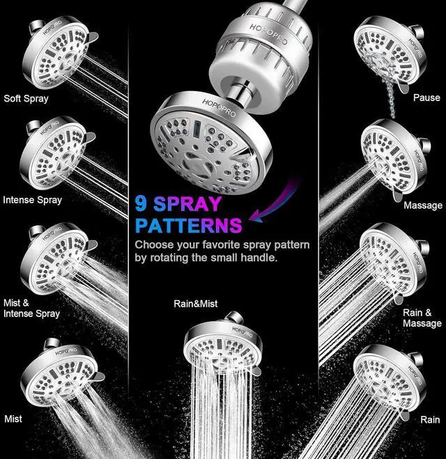 Alt view image 6 of 7 - HOPOPRO 9 Modes Shower Head and 18 Stages Shower Filter Combo, High Pressure Filtered Showerhead High Output Shower Head Combo Purifying Water for Water Healthy Life