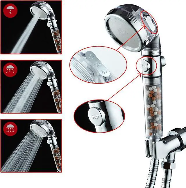 Alt view image 2 of 7 - Filtered Shower Head with Purifying Beads  3 Function High Pressure Handheld Shower for Hard Water  Removes Chlorine & Impurities, Softens Skin/Hair  On/Off Switch, Adjustable Bracket & Hose