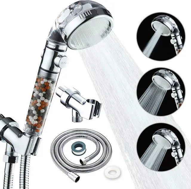 Main image of Filtered Shower Head with Purifying Beads  3 Function High Pressure Handheld Shower for Hard Water  Removes Chlorine & Impurities, Softens Skin/Hair  On/Off Switch, Adjustable Bracket & Hose