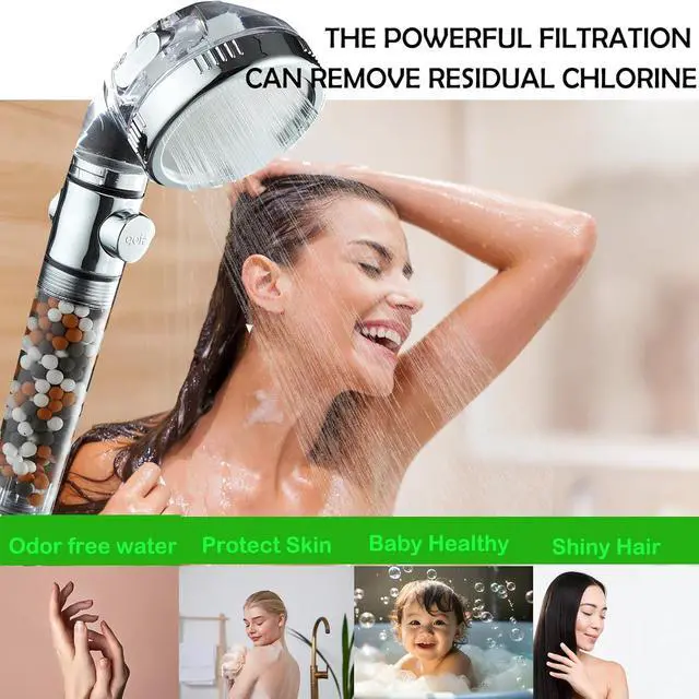 Alt view image 5 of 7 - Filtered Shower Head with Purifying Beads  3 Function High Pressure Handheld Shower for Hard Water  Removes Chlorine & Impurities, Softens Skin/Hair  On/Off Switch, Adjustable Bracket & Hose