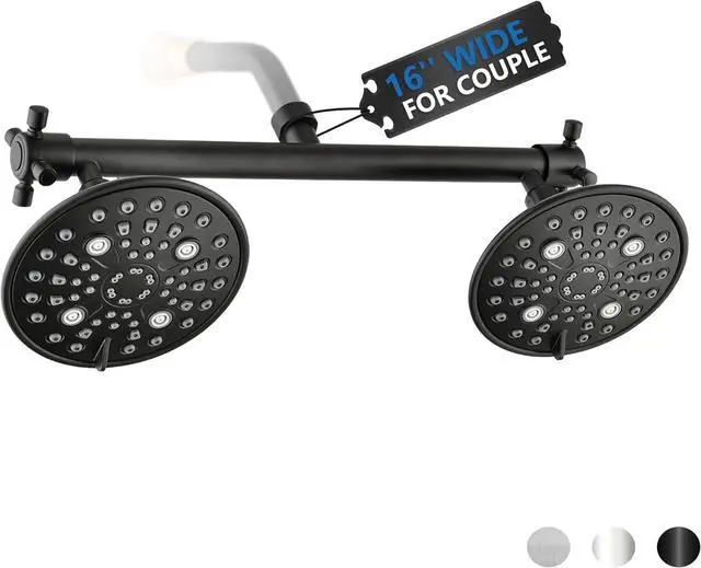 Main image of Proox Double Shower Head with Built-in Valve, High Pressure 6 Setting Dual Shower Head Design for Couple on Walk-in Bathroom or Single on Bathtub Bathroom - Matte Black
