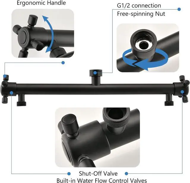 Alt view image 3 of 6 - Proox Double Shower Head with Built-in Valve, High Pressure 6 Setting Dual Shower Head Design for Couple on Walk-in Bathroom or Single on Bathtub Bathroom - Matte Black