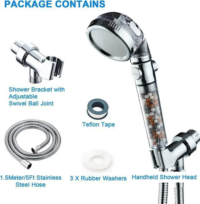 Alt view image 7 of 7 - Filtered Shower Head with Purifying Beads  3 Function High Pressure Handheld Shower for Hard Water  Removes Chlorine & Impurities, Softens Skin/Hair  On/Off Switch, Adjustable Bracket & Hose