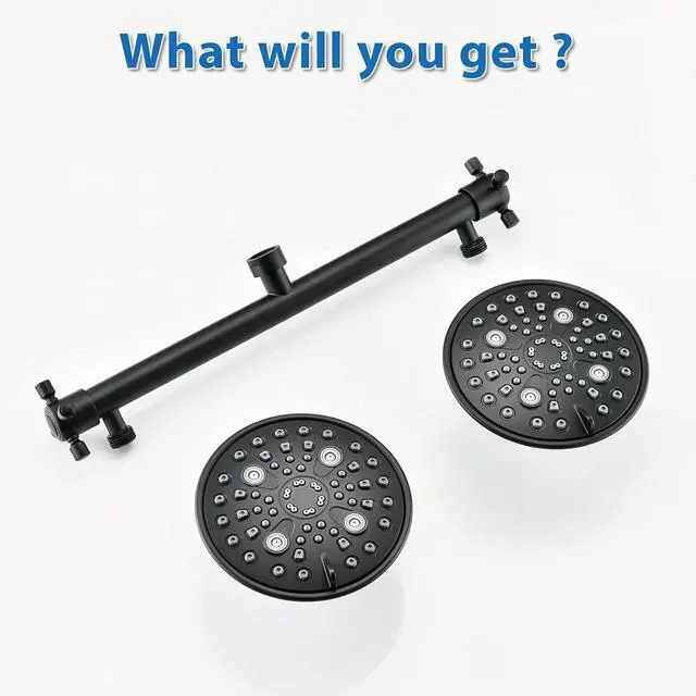Alt view image 6 of 6 - Proox Double Shower Head with Built-in Valve, High Pressure 6 Setting Dual Shower Head Design for Couple on Walk-in Bathroom or Single on Bathtub Bathroom - Matte Black