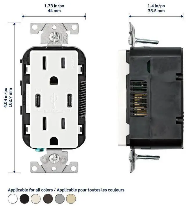 Alt view image 3 of 7 - Leviton T5635-G 30W (6A) USB Dual Type-C/C Power Delivery In-Wall Charger with 15A Tamper-Resistant Outlet, USB Charger for Smartphones, Tablets, Laptops, Gray