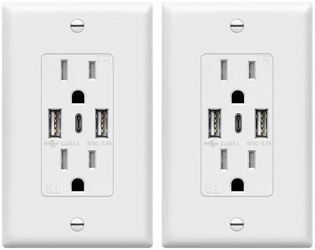 Main image of TOPGREENER USB Outlet, 3-Port Type C 3.6A 18W Wall Outlet, 15 Amp Receptacle, Charging Power Outlet with USB Ports, Compatible with iPhone 16 Series & More, UL Listed, TU21536AC3-2PCS, White, 2 Pack